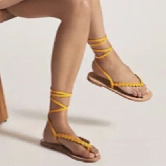 Anthropologie Pilcro Yellow Leather Ankle Tie Up Thong Sandals Sz 8 - Picture 1 of 7